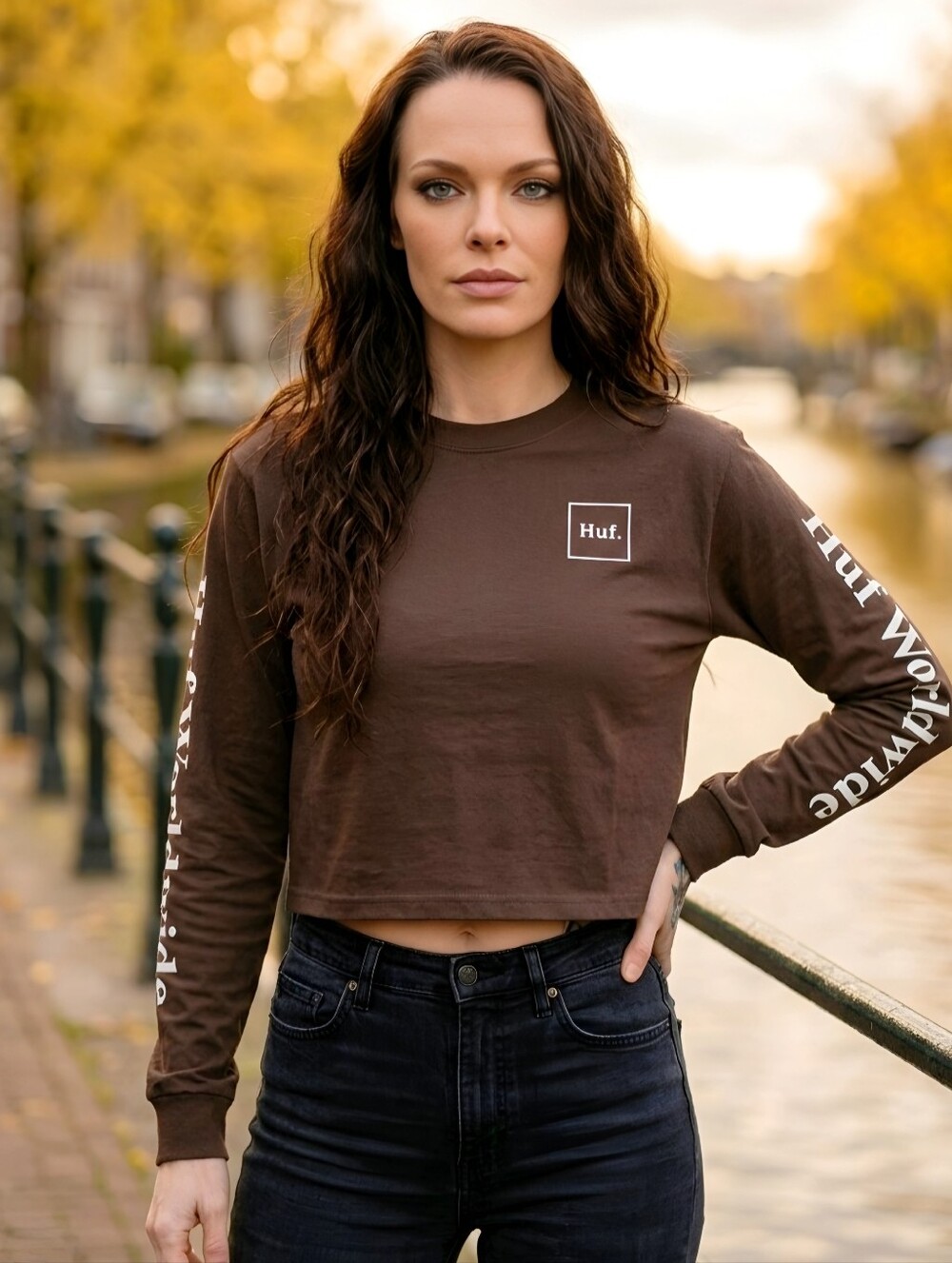 HUF Domestic Crop Tee Brown Long Sleeve 90s Streetwear Ribbed Collar XS NWT